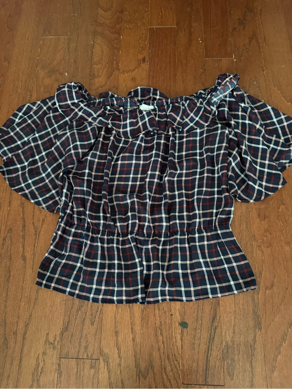 New York & Company Navy White Burgundy Plaid Off-Shoulder Smocked Top